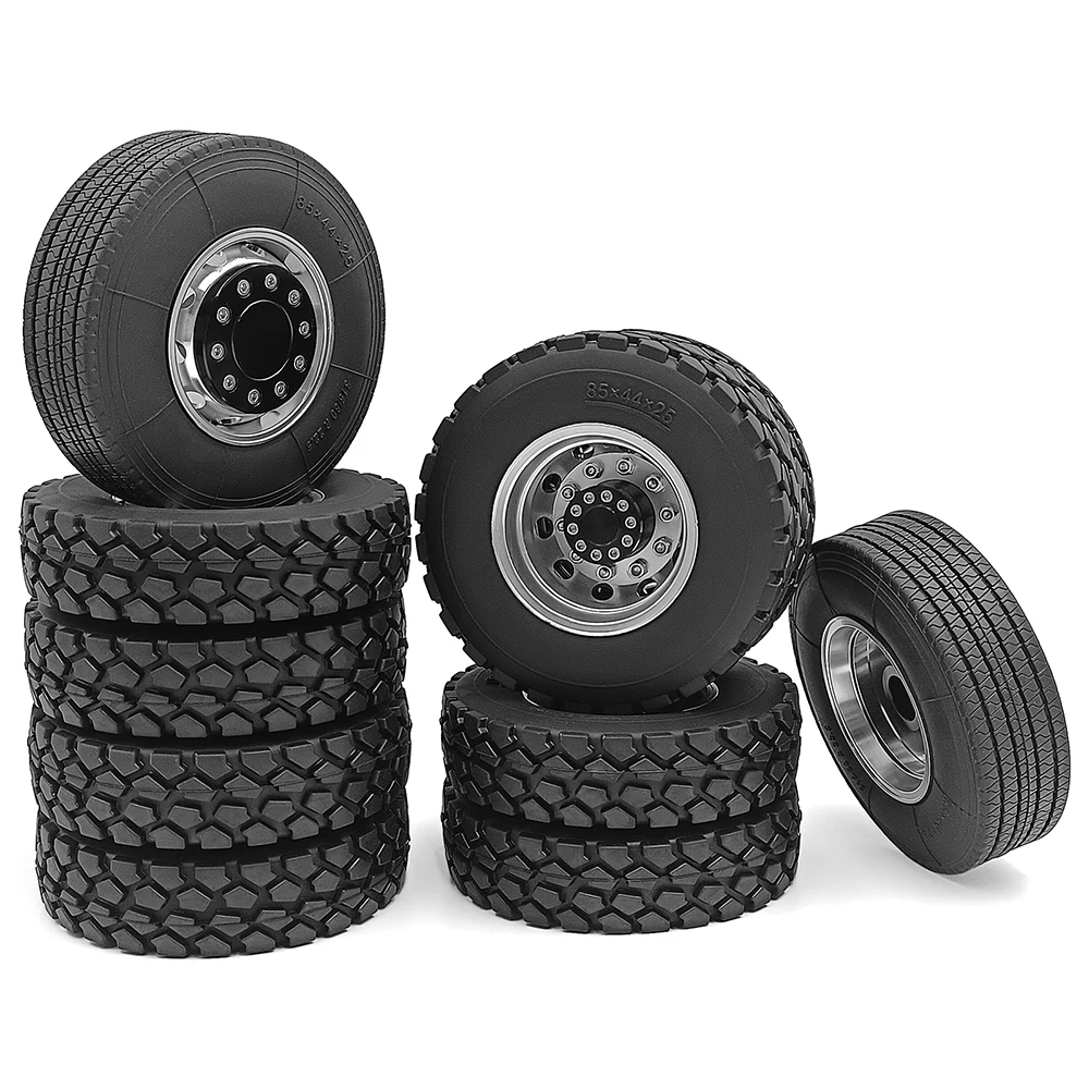 TRINOOD Tamiya 6x6 Wheels Rims Tires Set for 1/14 Scale RC Tractor Truck Trailer Cargo Truck Engineering Long Vehicle Parts