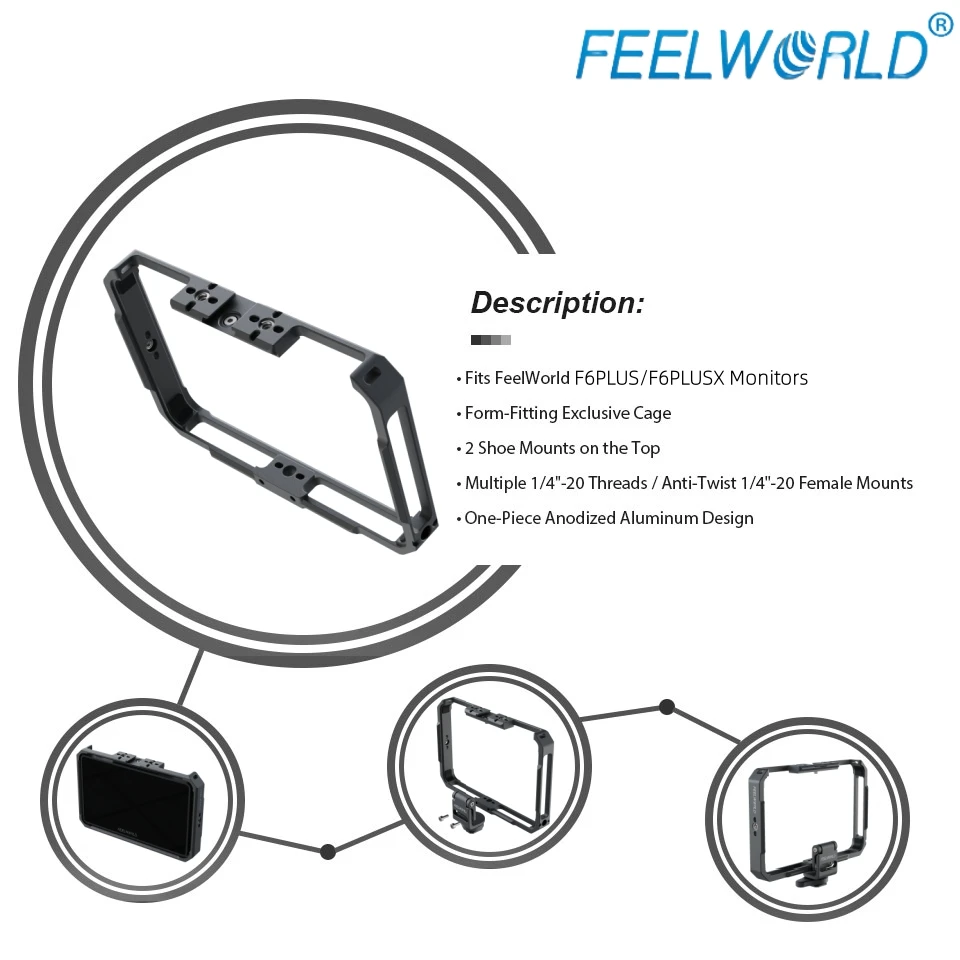 Protective Case for FeelWorld F6PLUS/F6PLUSX Monitor with Camera Cage Bracket and Top Shoe Mount  Aluminum Alloy Monitor Cage