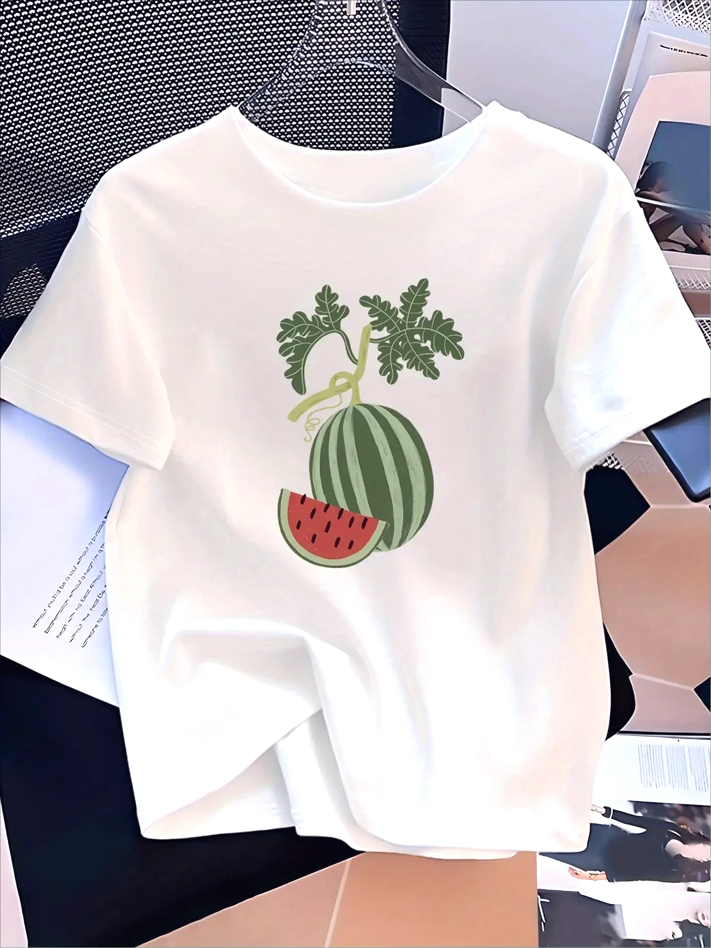 Women'S Aesthetics Watermelon Print T-shirt Summer Sleeve Round Neck Breathable Watermelon Slice Design Promo Clothes for Women