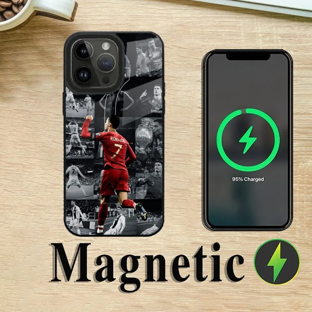 Caixa De Telefone De Carregamento Magnético Sem Fio, CR7 Estrela De Futebol, R-Ronaldo-ES(1), iPhone 15,14, 14,13,12,11,Plus,Pro,Max, Mini, Magsafe