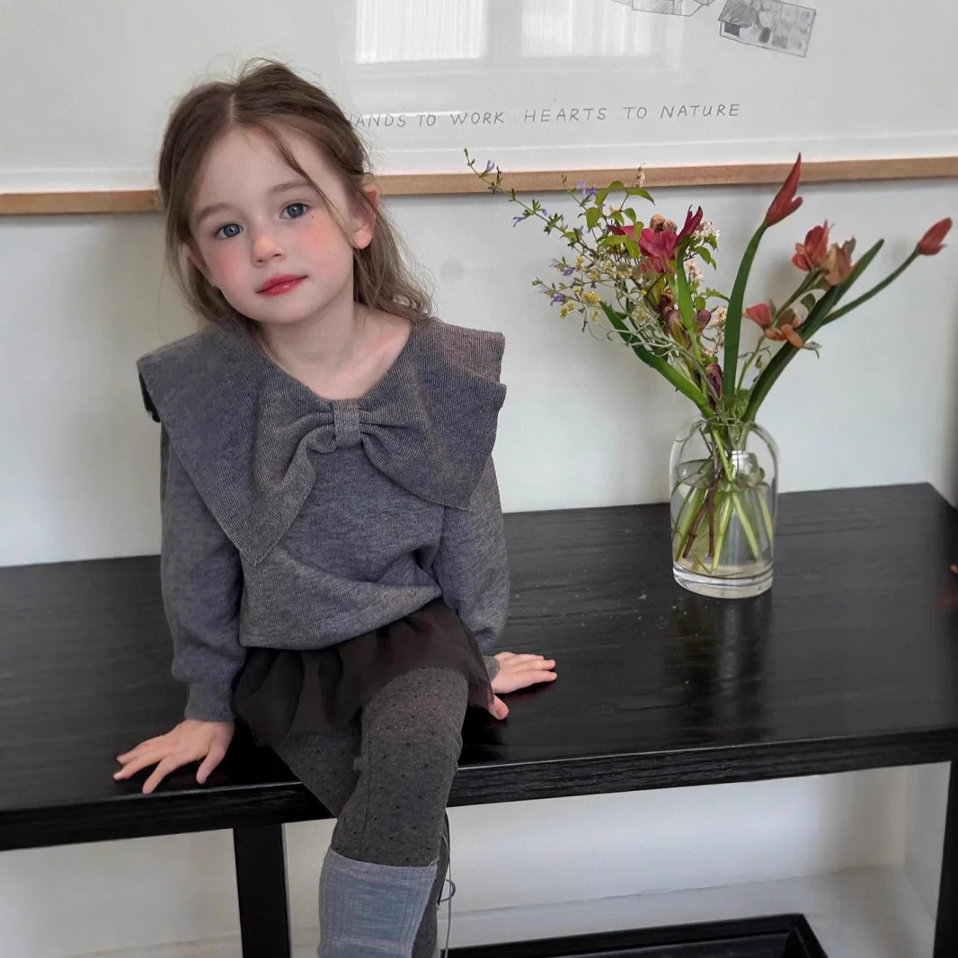 

Girls' Sweater Autumn Children's Bow Girls' Casual Foreign Style Women's Treasure Thin Baby Girl