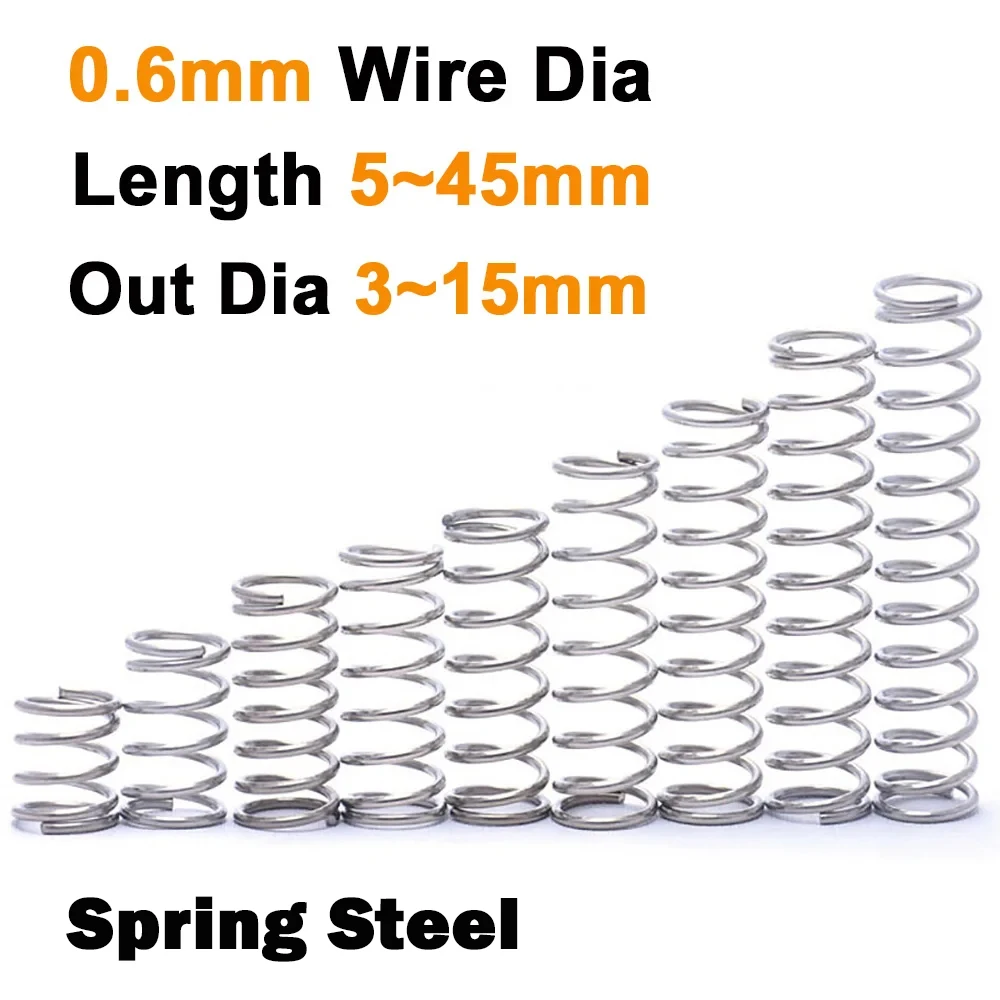 Weiyi 10pcs 0.6mm Wire Diameter Spring Steel Compression Spring Pressure Small Spring Out Dia 3mm~15mm Length 5mm~45mm