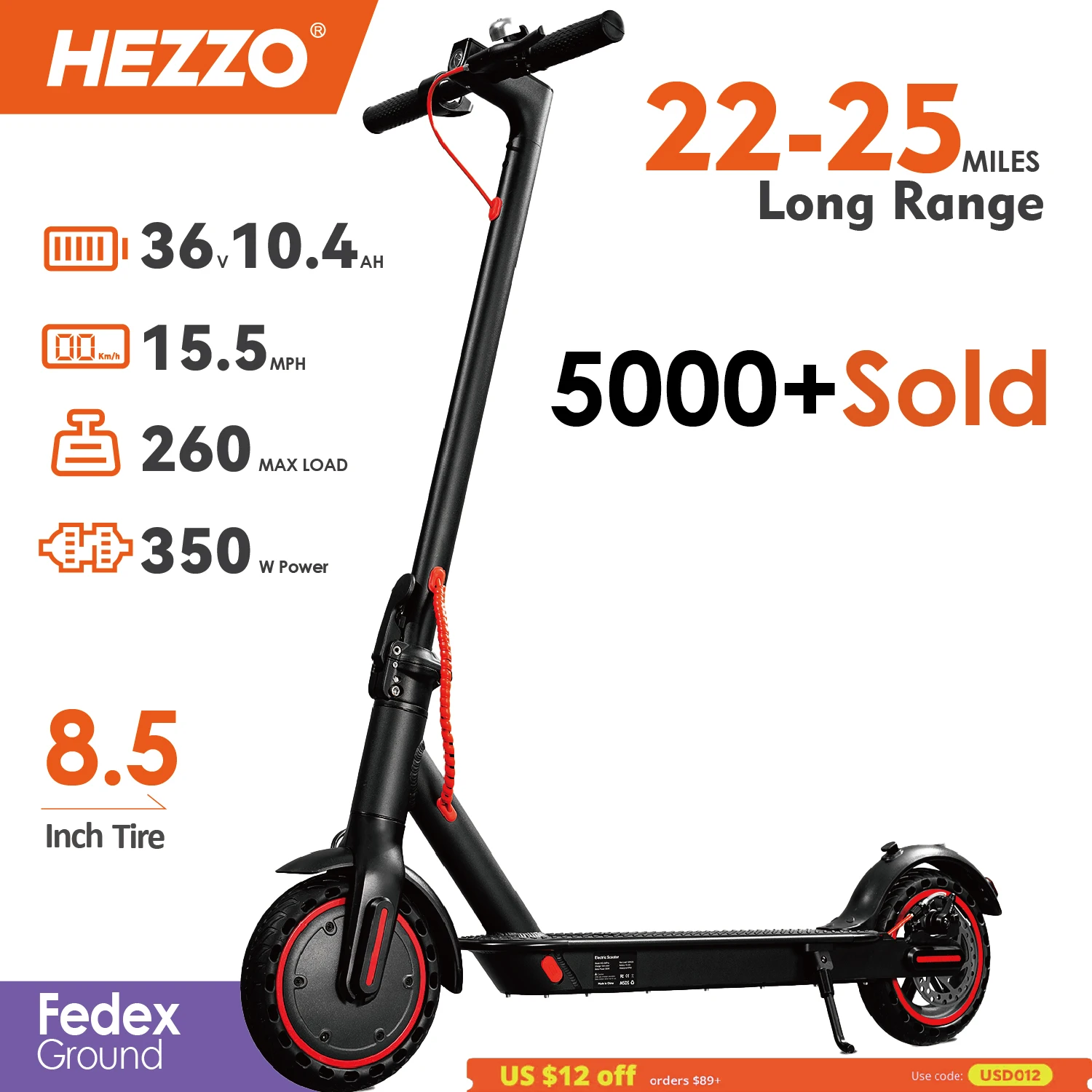 HEZZO 36v 350W 10.4Ah 15.6MPH Electric Scooter Adult HS-04Pro 8.5