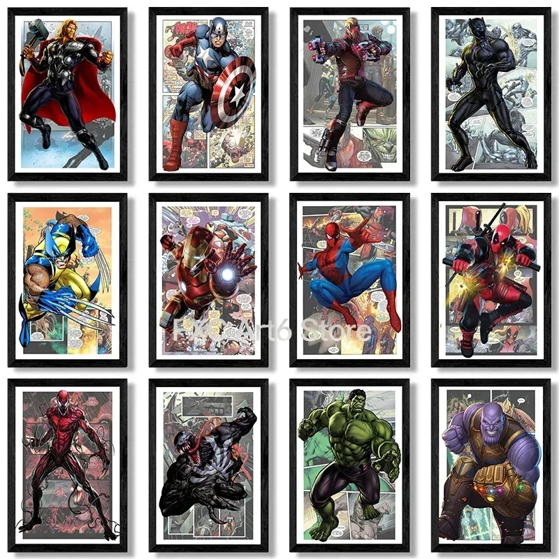 1PCS frameless Marvel Avengers Comic Poster Spiderman Iron Man Hurk Posters Superhero Canvas Painting Wall Art Home Decor