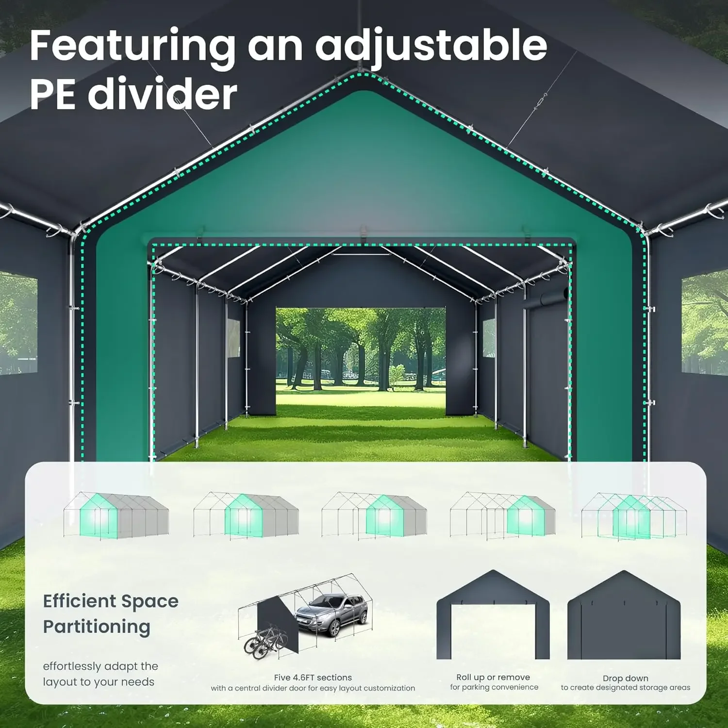 13'x24'x9.6 'กลางแจ้งแบบพกพา Shelter Shed โรงรถ UV Anti-Snow แบบพกพาโรงรถชุดเต็นท์,เต็นท์บนหลังคา