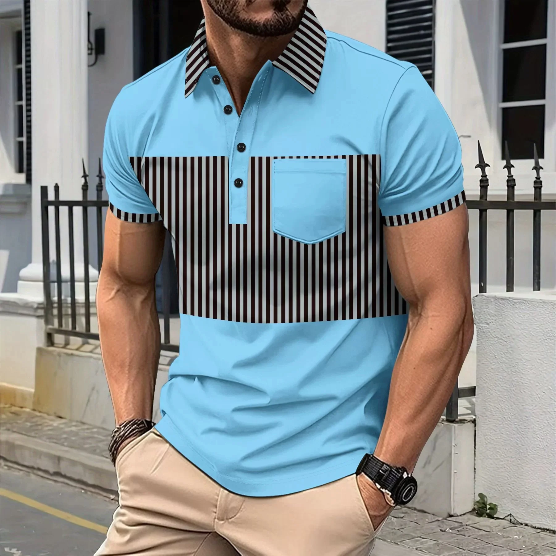 

Men's summer fashion casual polo shirt, breathable striped patchwork faux pocket design for casual camping short-sleeved shirt