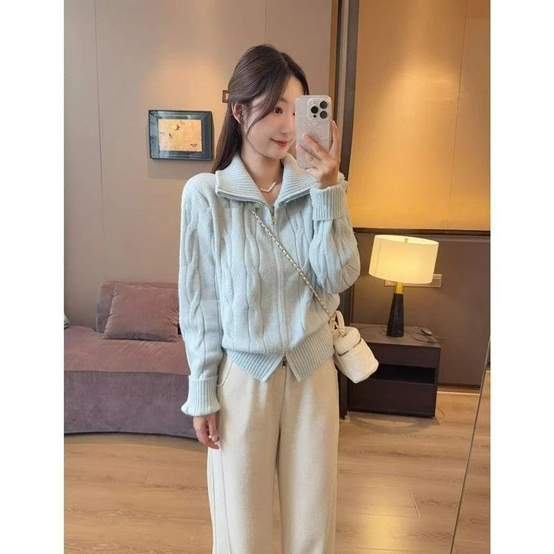Einfarbige Tweed-Strickjacke mit doppeltem Reißverschluss und Stehkragen für Damen im Winter 2026, neuer Stil, modische, gut aussehende französische Pullovermäntel