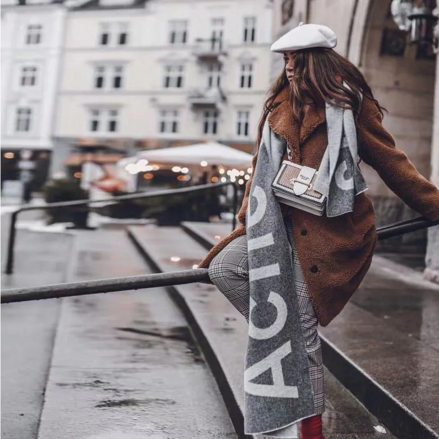 Cachecol de lã quente com estampa de letras, cachecol retangular térmico nórdico ac sle outono inverno para homens e mulheres