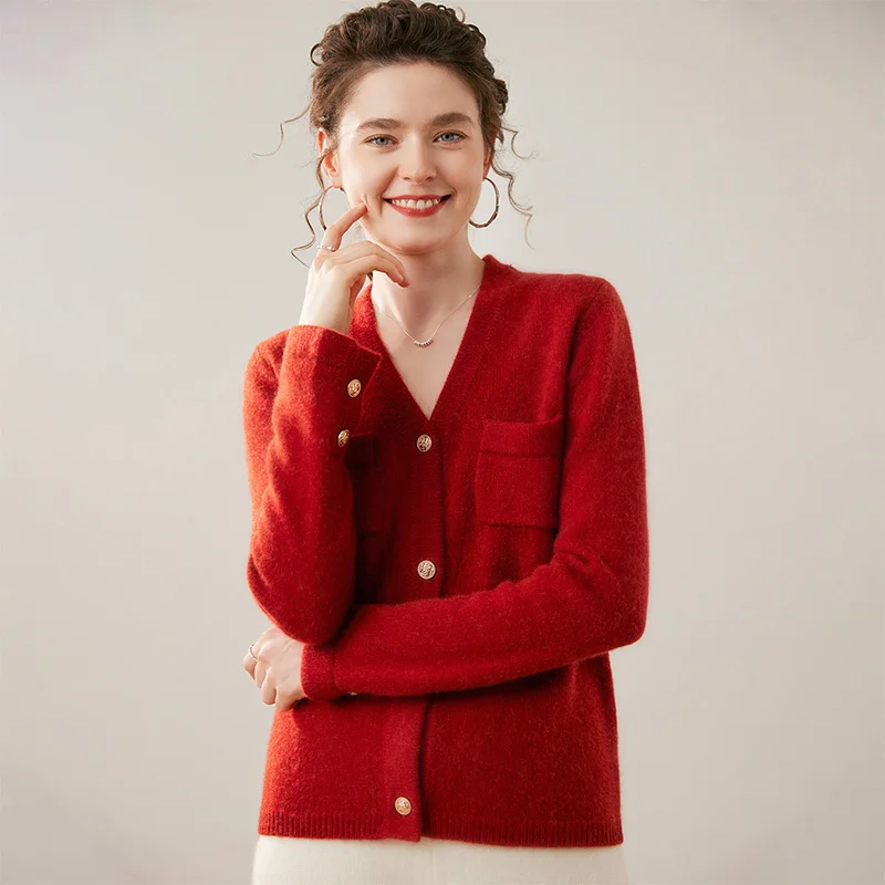 

New Autumn Winter V-Neck Women 100% Cashmere Sweater Classy Woman Cashmere Cardigan Sweater With Pockets Thick Warm Knitted Tops