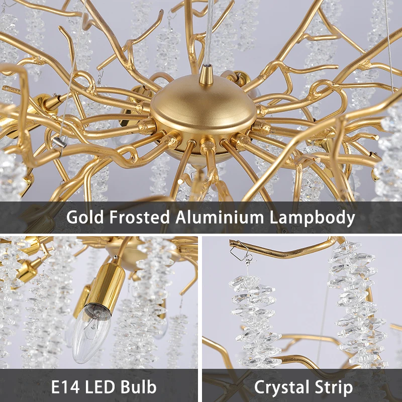 Lampe Led suspendue avec des pompons en cristal, disponible en 60/80/100cm, forme ronde dorée, luminaire décoratif d'intérieur, idéal pour une Villa, un salon ou une salle à manger