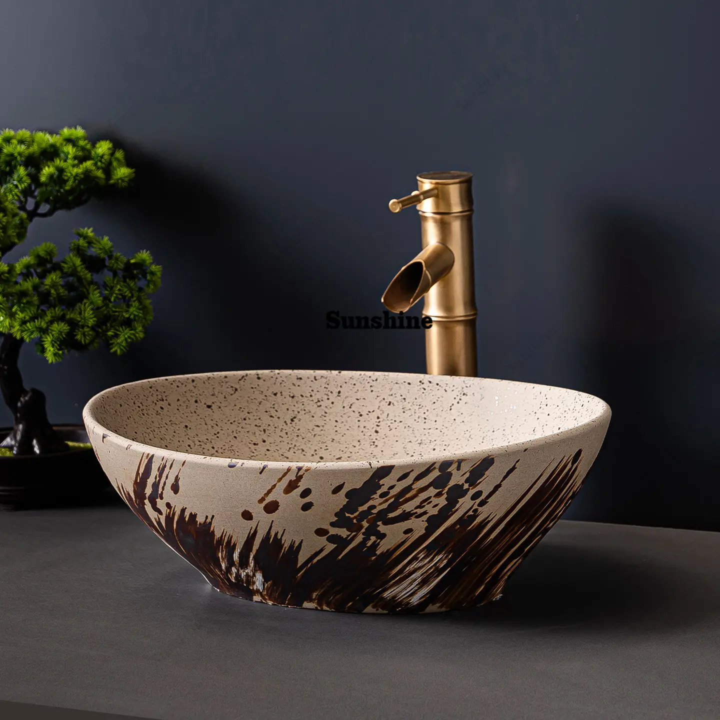 Vintage art ceramic table basin oval ink texture wash basin