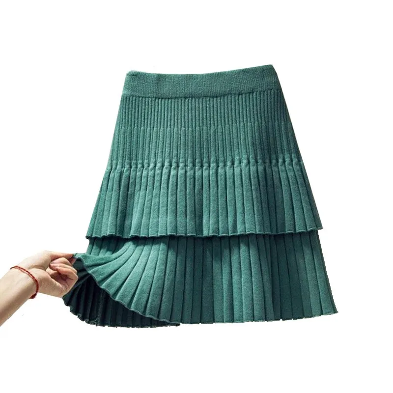 Spring Autumn Fashion Korean Style Knitted Skirt Women Elastic Waistline High Waist Stitching Cake Pleated Skirt