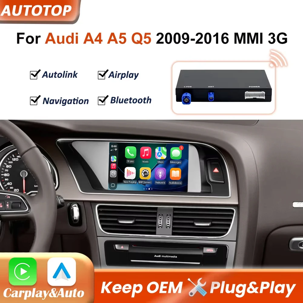 CarPlay sans fil et Android Auto pour Audi A4 A4L B8 A5 Q5 S5 2009-2016, boîtier de mise à niveau MMI 3G avec adaptateur CarPlay, Bluetooth, Airplay, Mirror Link et navigation GPS.