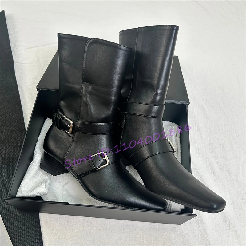 جلد أسود كعب سميك الأحذية الغربية الرجعية ساحة تو مشبك معدني دراجة نارية الجوارب ربيع الخريف موضة جديدة أحذية النساء
