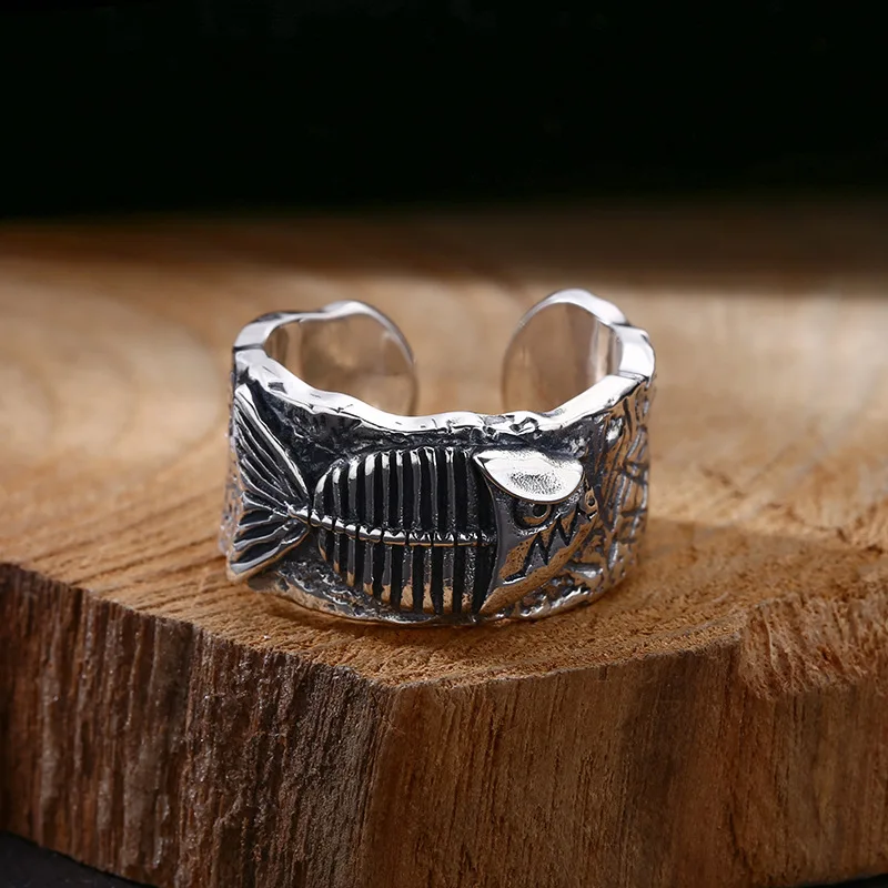 

Wholesale 925 sterling silver ring year with fish pattern men's ring opening Thai silver retro trendy unique ornament