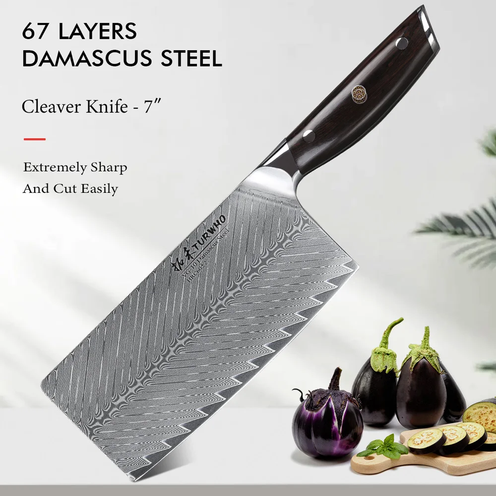 Turwho 7 inch Damascus steel Cleaver 67 layer, sharp and durable blade, meat and vegetable slicer, kitchen tool, Ebony handle