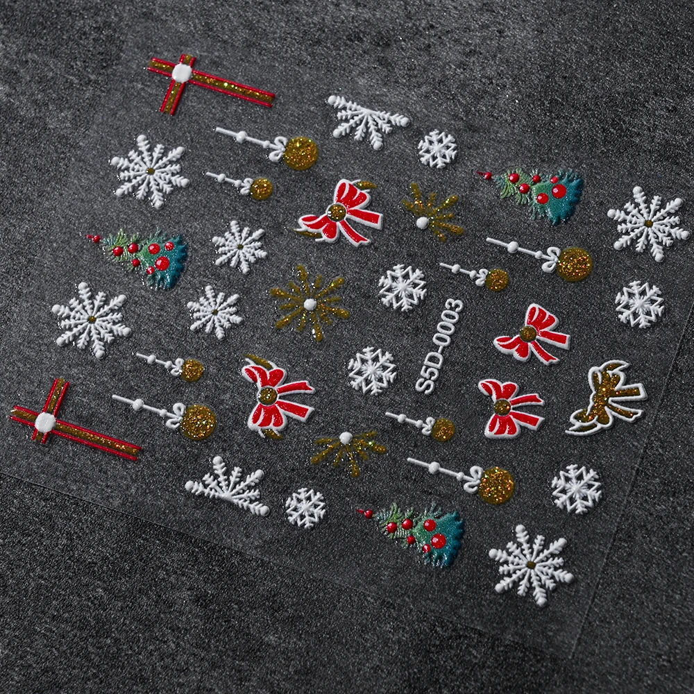 1 stks 5D Kerst Goud Glitter Boog Bel Sneeuwvlokken Nail Stickers Grenen Kerstman Beer Slider Leuke Kerst Winter Manicure Decals &