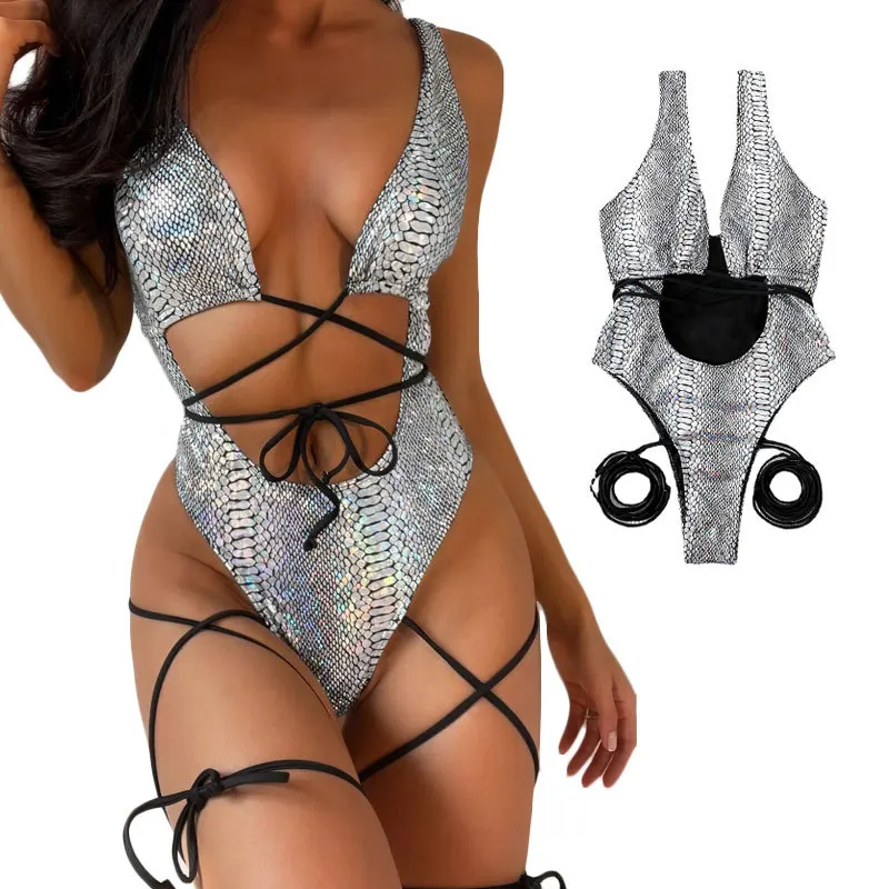 Snake Print Pole Dance Costume Bandage Bikinis 2023 Sexy Nightclub Bar Gogo Dancer Rave Bodysuit Stripper Festival Outfit