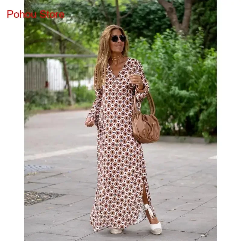 Spring Summer Autumn Printed Long Sleeve V-Neck Dress Women