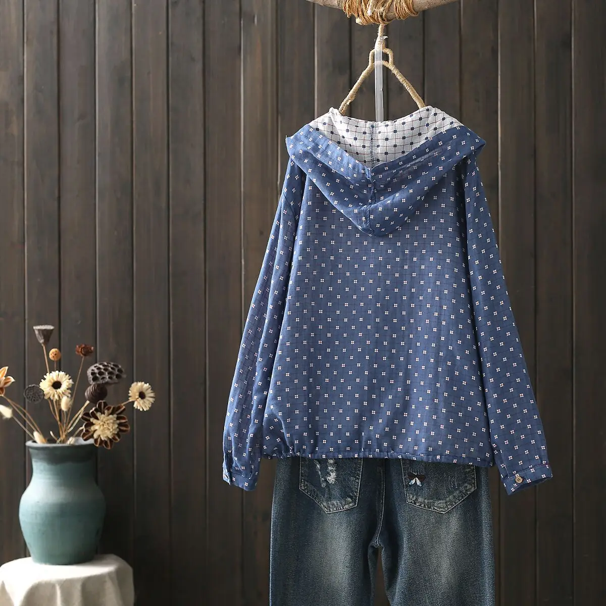 Japanese Vintage Mori Girl Printed Hooded Coats Women Spring Long Sleeve Casual Loose Single Breasted Cotton Shirt Hoodie Jacket