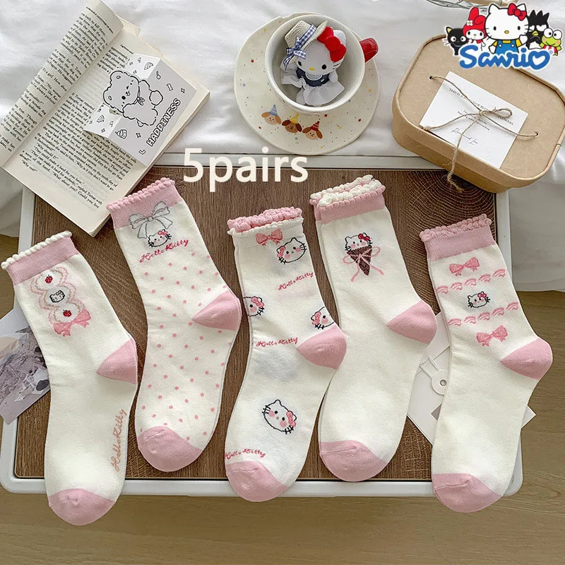 

5 пар кружевных носков Sanrio Hello Kitty, розовые девичьи носки до середины икры с вышивкой, милые и универсальные