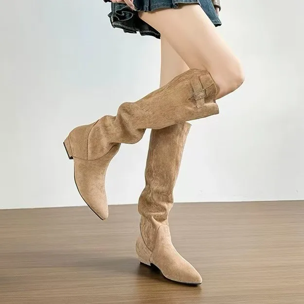 

Длинные женские сапоги 2026: Винтажные французские высокие сапоги из флиса для весны и осени