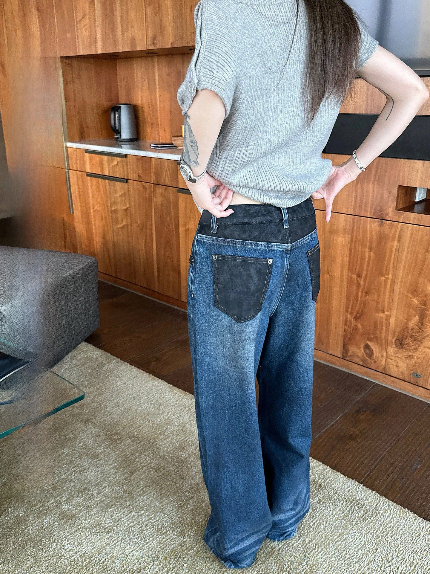 

NingSi Deep Blue Faded Straight Leg Denim Jeans Women's Vintage Wide Leg Loose Fit Dirtied Pants Low Waist Zipper Closure