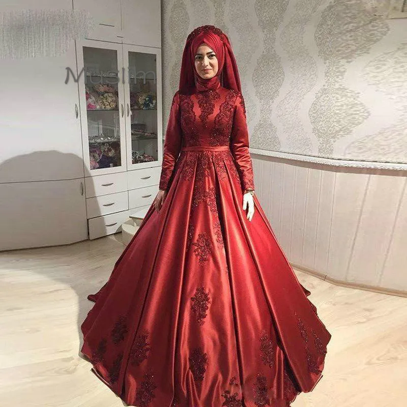 

Vintage Red Evening Dresses For Islamic Muslim Women High Collar Lace Long Sleeve Prom Dress Party Formal Customized