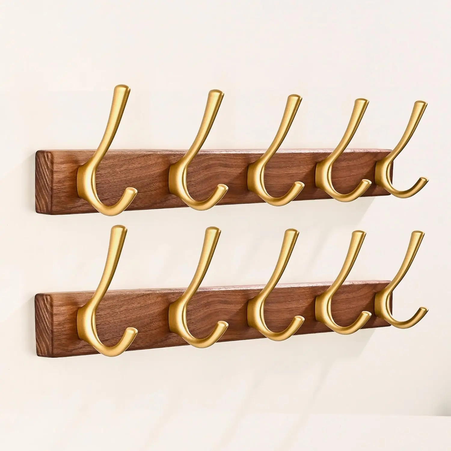 

2 Pack 17.3" Walnut Wood Coat Rack Wall Mount with 5 Hooks, Heavy Duty Wooden Jacket Hanger Door Mounted for Decorative