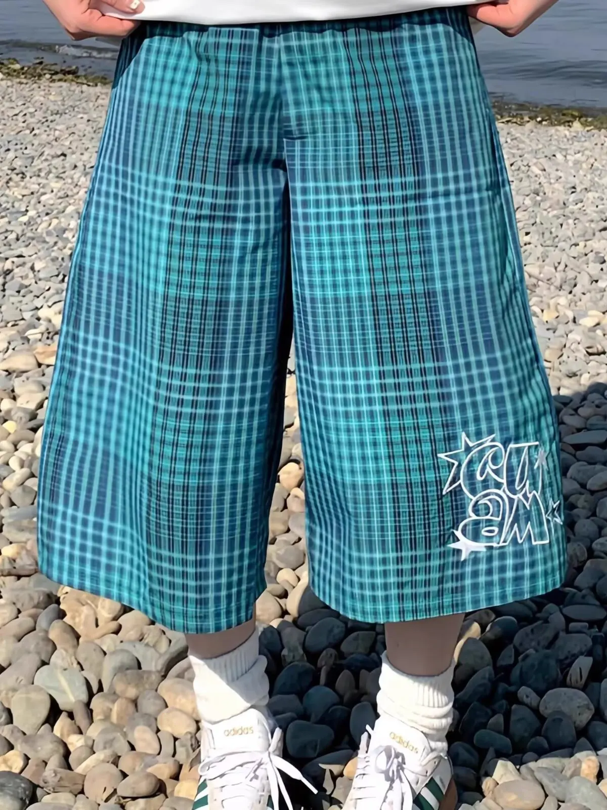 

Летние мужские клетчатые брюки на семь футов Qui-Drng, пляжные повседневные свободные прямые орты, спортивные орты со средней талией для пар