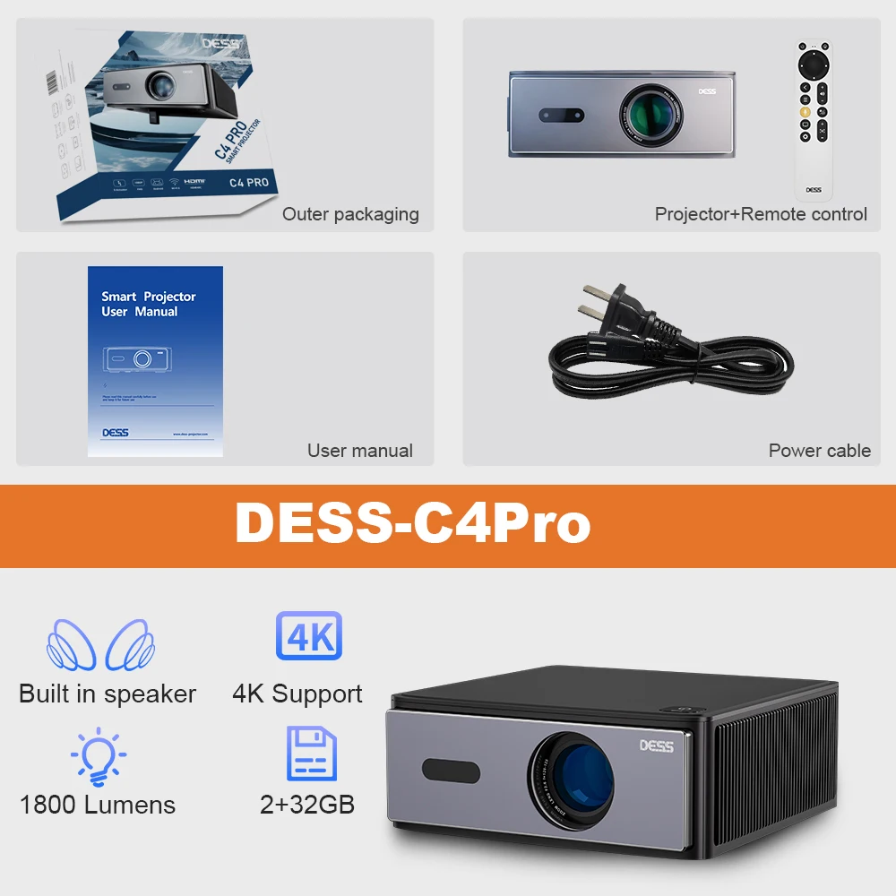 جهاز عرض فيديو DESS C4Pro 4k مزدوج واي فاي 1800Lume BT5.2 1080P مع التركيز التلقائي للسينما المنزلية جهاز عرض تلفزيون أندرويد مشروع شاشة LED #6