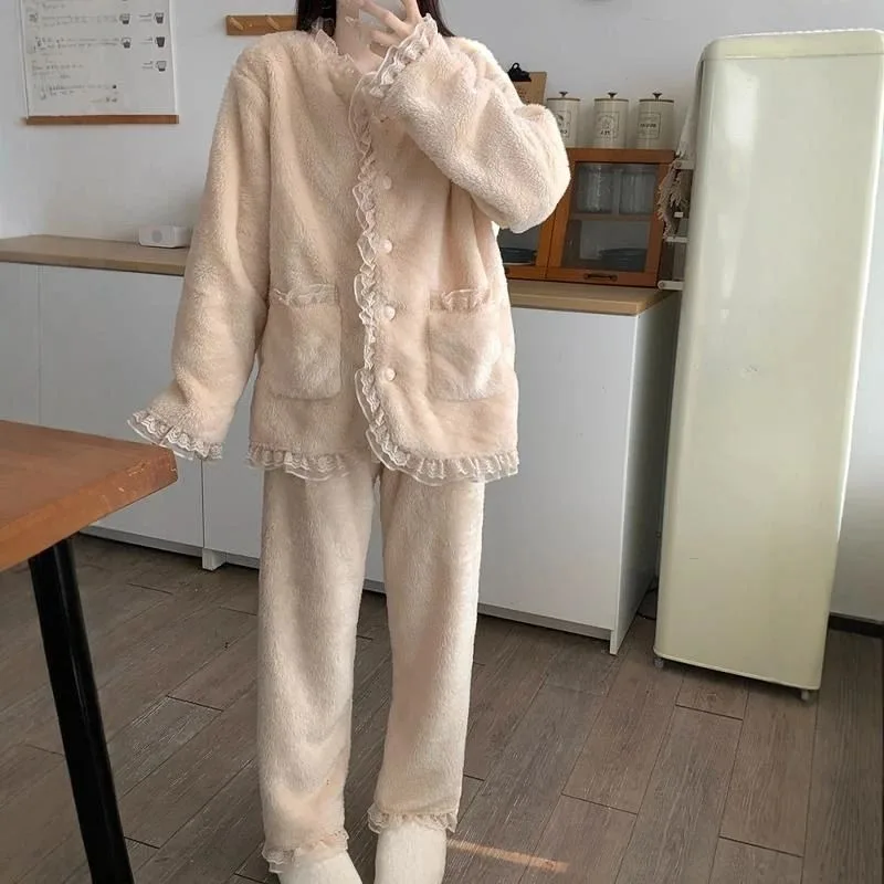 

Женские пижамы из кораллового флиса, зимние милые кружевные пижамы принцессы с длинными рукавами, свободные теплые фланелевые домашние комплекты одежды для сна