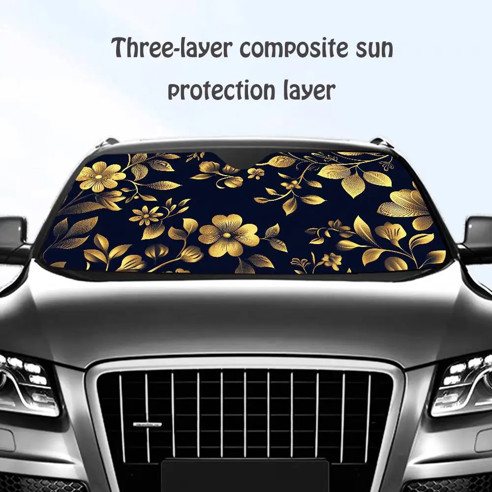 

Black Gold Pattern Flower Car SunShade Windshield Sun Shade Personalized Picture Block UV Rays Visor Protector