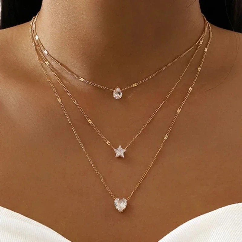 

3 Layer Crystal Zircon Necklace Heart Star Multi-layer Pendant Necklace Women Fashion Square Rhinestone Female Necklaces Jewelry