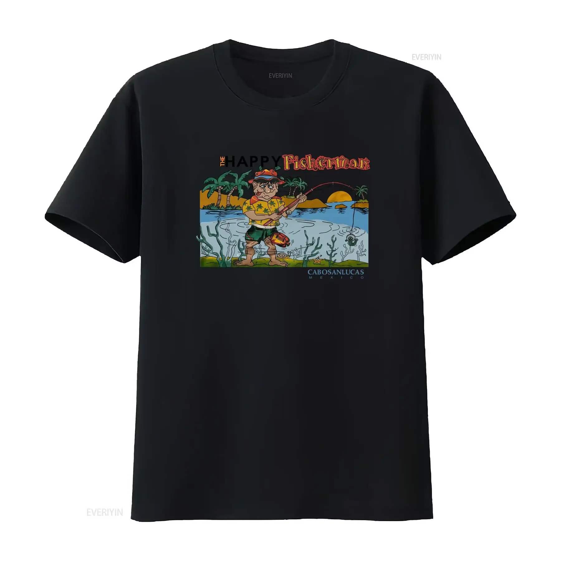 Camiseta Vintage para Adulto con Diseño Gráfico Estirado Y2K, Estilo Casual, con la frase 'Happy Fisherman Funny Joke Humor' y 'Cabo San Lucas Suck', con efecto lavado.