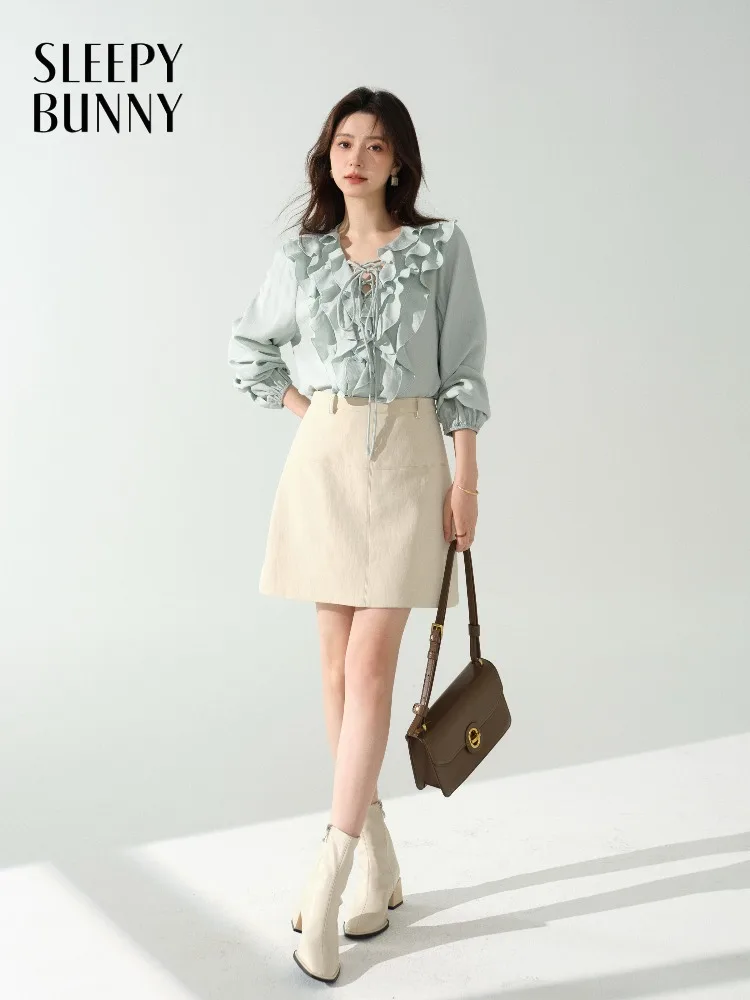 

Chiffon Blouse Women Elegant Ruffle V Neck Long Sleeve Loose Top Sweet French Style Autumn Fashion Shirt for Ladies Casual Wear