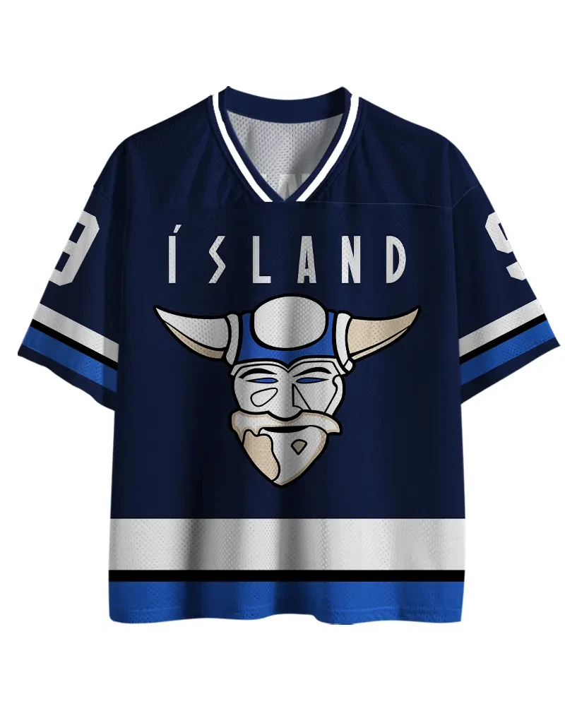 2026 New Iceland Viking Ice Hockey Jersey Navy Blue Mesh V Neck ISLAND Print Family Clothing T-shirts Quick Drying Casual Y2k