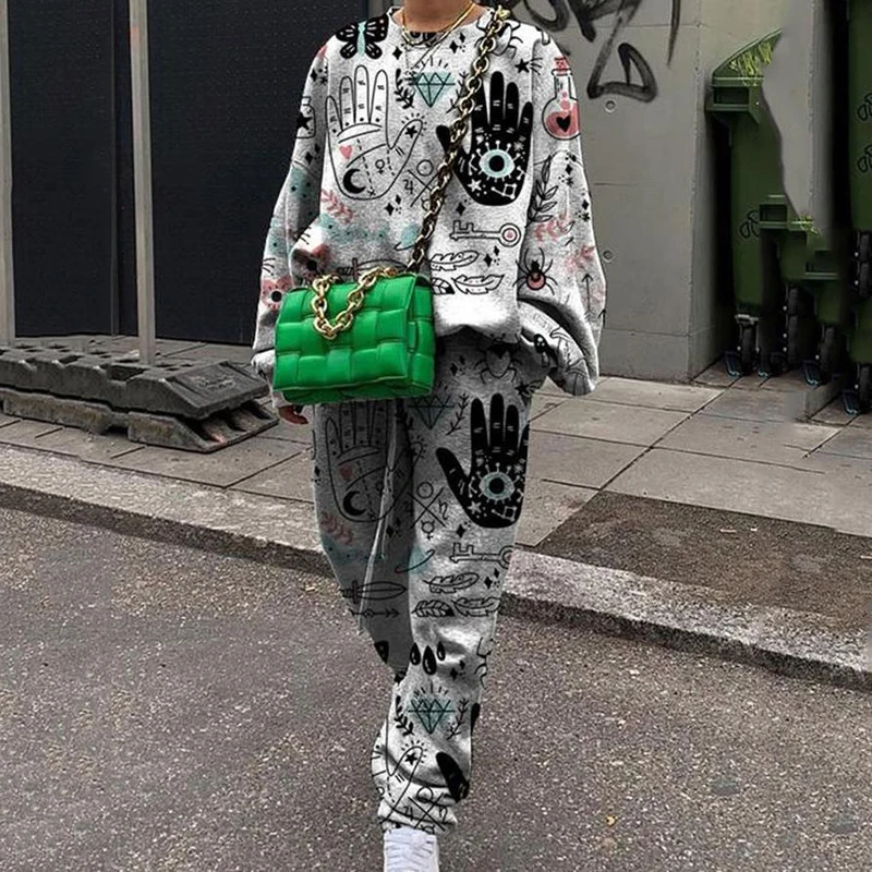 Women Casual Sport Suit Fashion Harajuku Print O Neck Tops And Pencil Pants Set Autumn Hooded Sweatshirt Tracksuit Two Piece Set