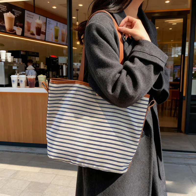 جديد الكورية نمط سعة كبيرة مخطط حمل حقيبة الموضة كسول عادية ركاب قماش حقيبة كتف عادية الملمس دلو حقيبة #2
