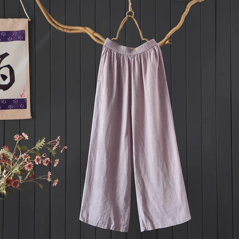 

100% Linen High Waist Wide Leg Pants Women New Arrival 2025 Summer Solid Color Loose Comfortable Female Casual Pants M1744