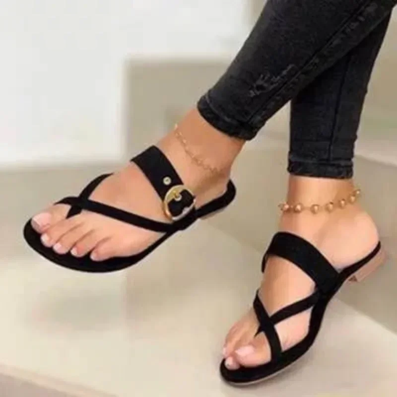 Zapatos de punta abierta para mujer, zapatillas de diario informales con hebilla y punta redonda, sandalias de talla grande para exteriores, 2024