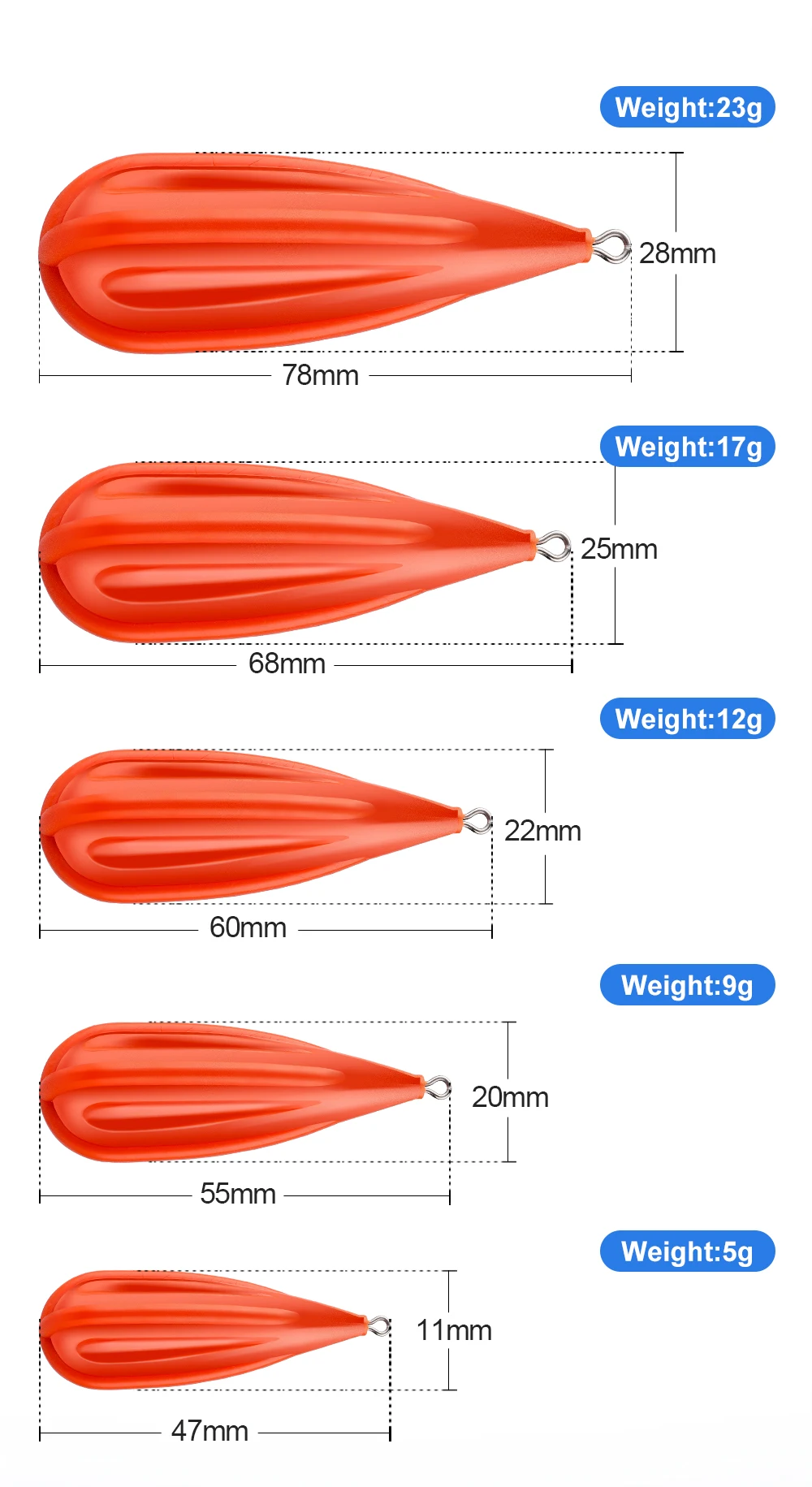 HASIDA 5 Stück Casting-Ball-Übungsstopfen, Köderwerfer aus weichem PVC, 5g 9g 12g 17g 23g, Weitwurf-Angeltraining-Köder – Detail 5
