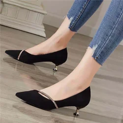 One Word Oblique Strap  New Low-heeled Shoes Women's All-match Small Fresh Rhinestone Pointed Shoes Zapatos De Mujer  Pumps