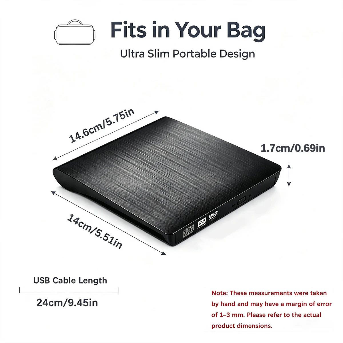 External CD DVD Drive USB 3.0, Portable Optical Disc Burner with Cable Storage, Plug & Play for Laptop PC Windows 11/10/8 Black
