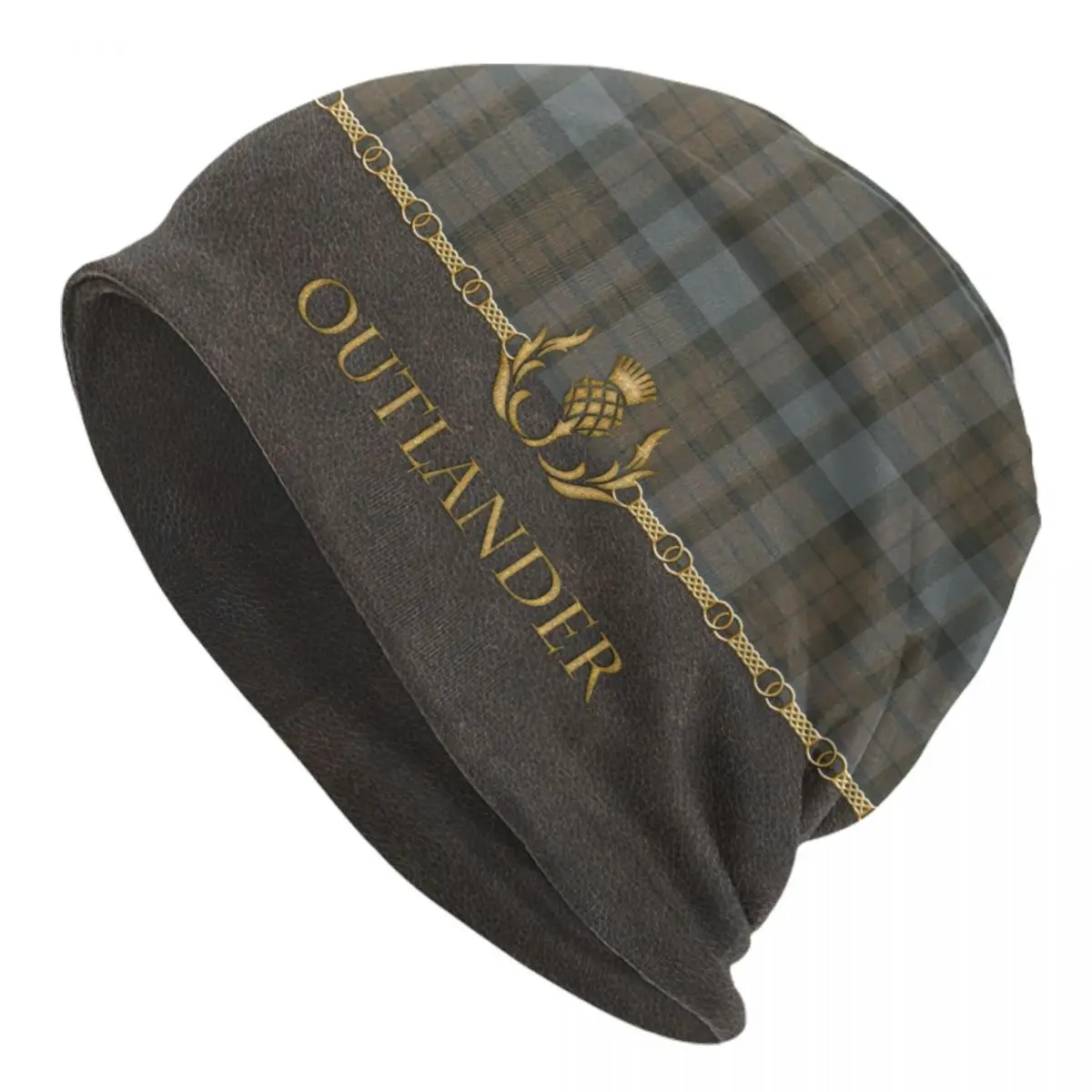 Custom Leather And Tartan Outlander Pattern Bonnet Hat Knit Hats Hip Hop Unisex Modern Plaid Check Texture Warm Beanies Cap