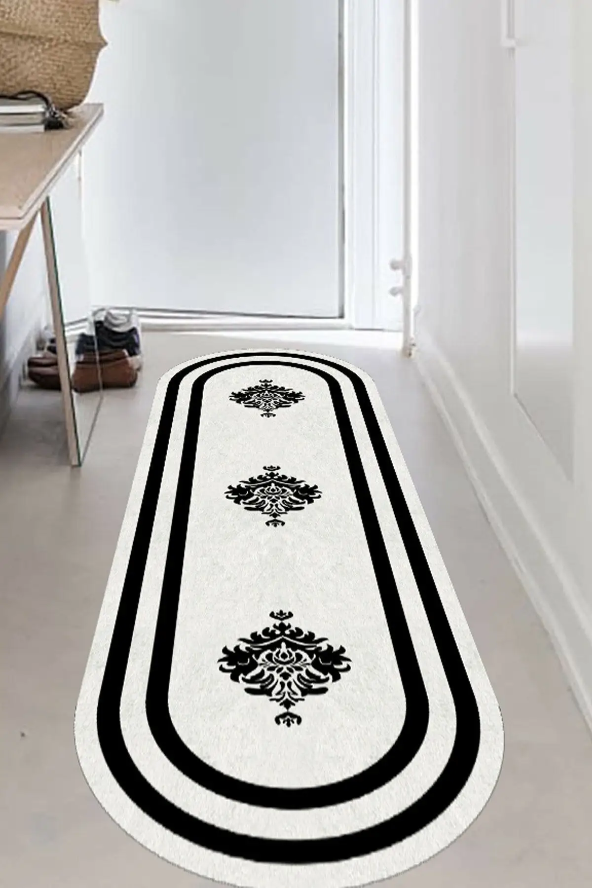 

DOLBOVI Adella digital printed non-slip base washable black striped Oval runner hall carpet