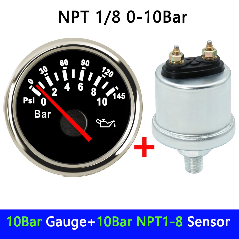 Kundenspezifischer 0 bis 10 Balken 1/8 NPT Öldrucksensor Dieselgeneratorteile 10 mm Crew Plug Passender 52 mm Öldruckmesser + Sensorsatz