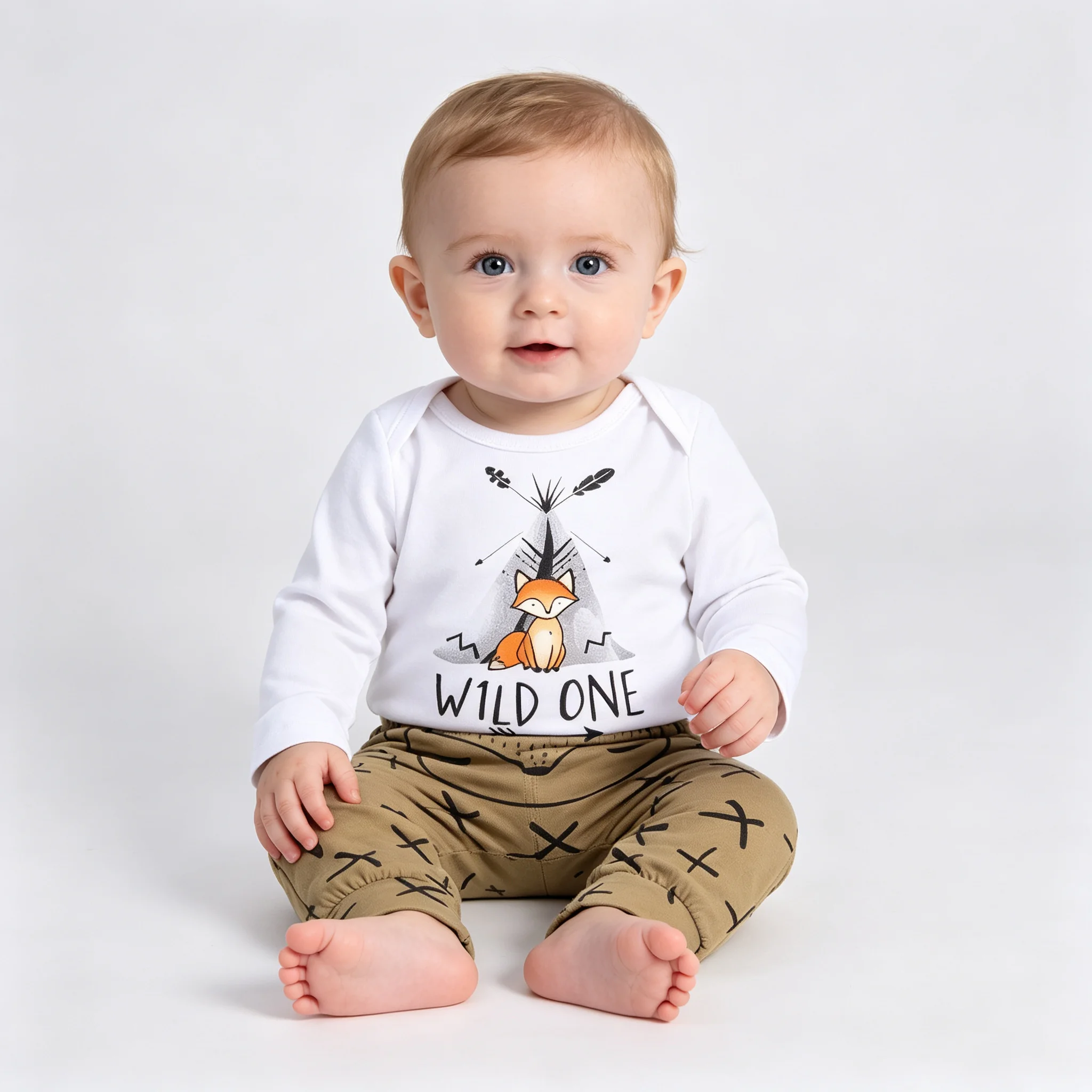 Autumn Infant Baby Boys Girls Two-piece Clothes Set White Fox and Letters Printed Romper + Long Pants Set 0-18 Months