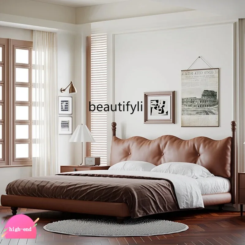 SS26 Italienisches Retro-Lederbett mit hohem Stauraum, Doppelbett, großes Wellen-Design, weiche Polsterung, für kleine Wohnungen, 1,8 m Bett