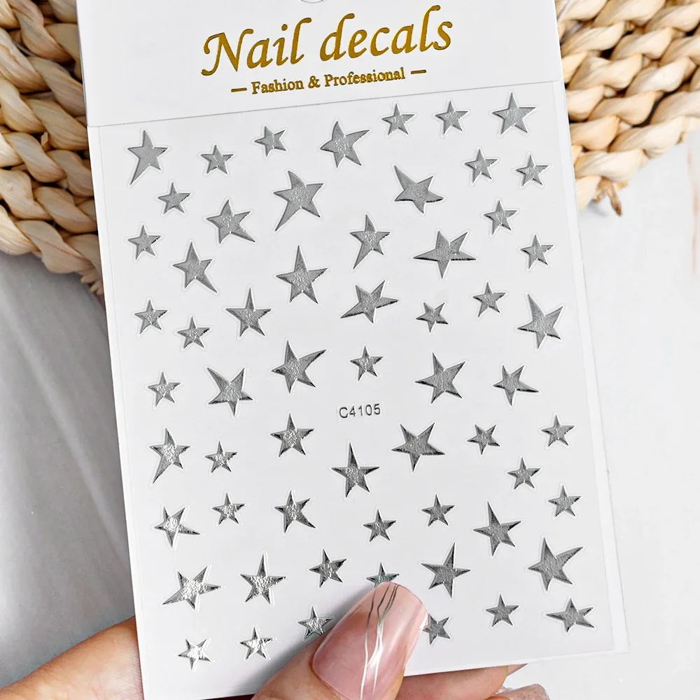 Decalcomanie per unghie con stella irregolare argento laser abbronzante 3D Effetto metallico Decalcomanie per unghie con pentagramma argento Adesivi adesivi per stelle per nail art